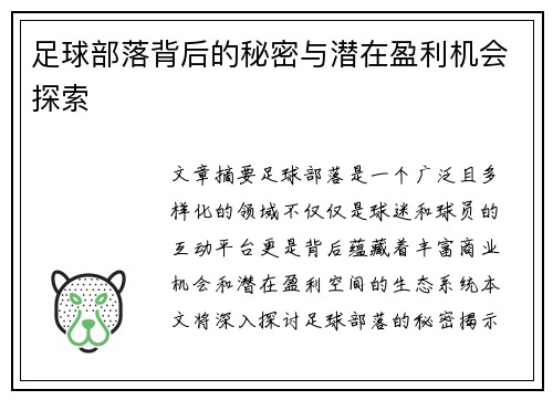 足球部落背后的秘密与潜在盈利机会探索